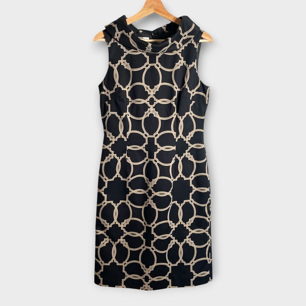 TALBOTS Elegant Black and Tan Pattern Dress 8 Cotton Silk Blend Classic